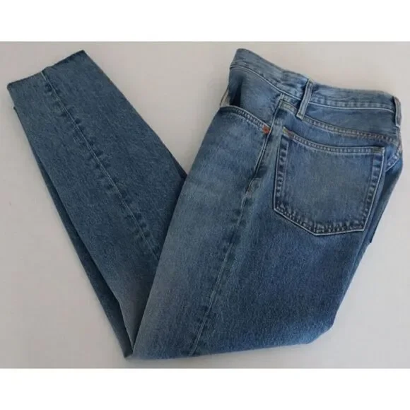Re/Done Women's Sz 26 Blue Stove Pipe Crop Button Fly Raw Hem Denim Jeans $265 - Picture 7 of 10